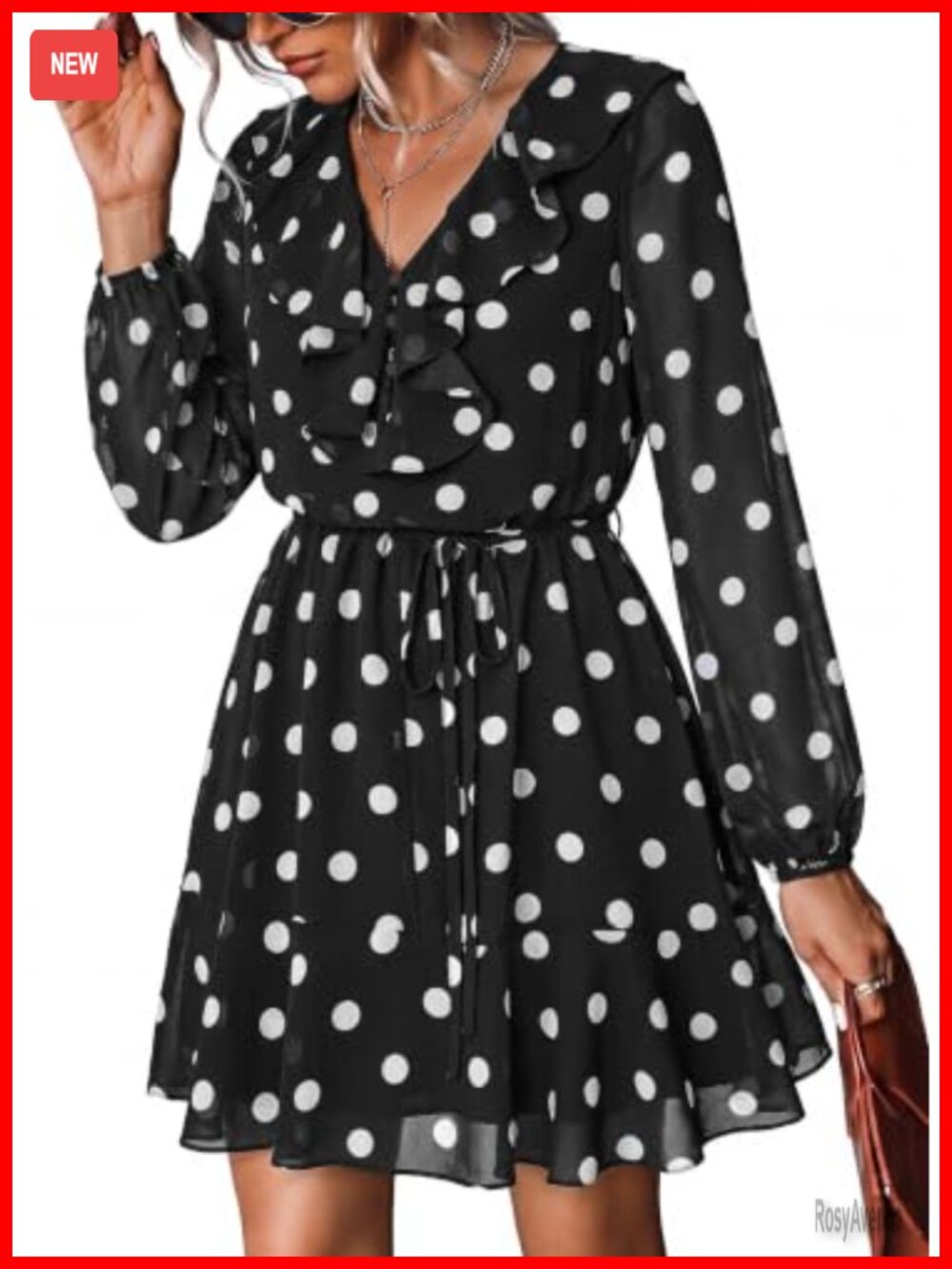 Women's Long Sleeve V Neck Belted Floral Polka Dot Mini Chiffon Dress